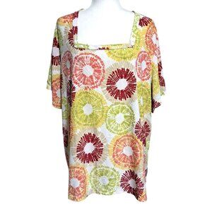 JM Collection Womens 3X Square Neck Top Multicolor Floral Tye Dye Silky